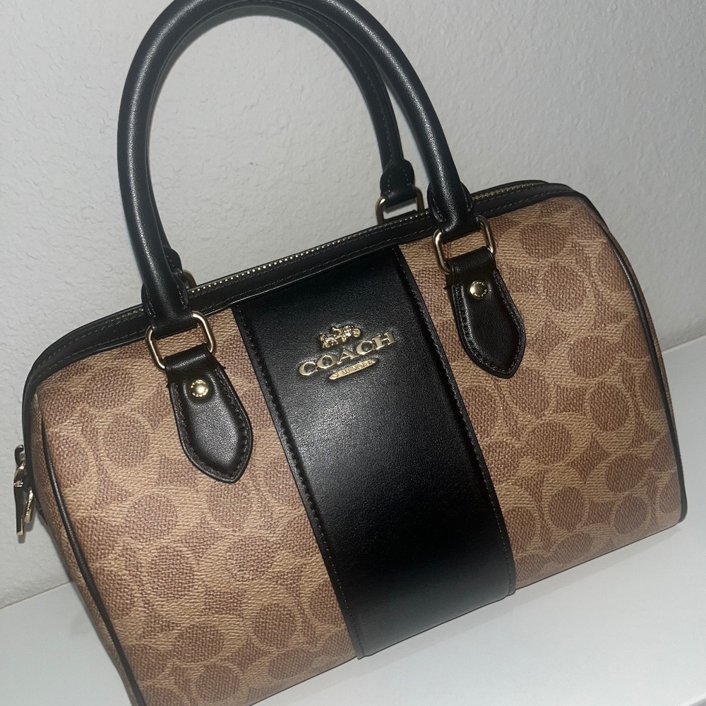Coach Rowan Satchel (Tan & Black/Signature Canvas)
